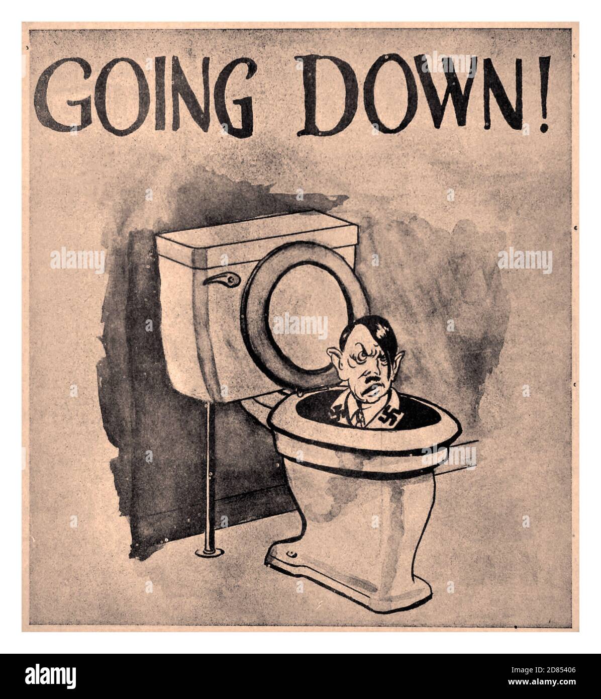 WW2 War cartoon Poster ‘Going Down’ with Adolf Hitler going down a lavatory wearing a swastika symbol.  vintage propaganda poster titled 'Going Down!', featuring a black and white drawing of Adolf Hitler's caricature emerging from a toilet seat. The poster was issued by Hobo news, an early 20th-century newspaper for homeless migrant workers. It was published in St. Louis, Missouri, and Cincinnati by the International Brotherhood Welfare Association (IBWA) and its founder James Eads How. Hobo  : USA, designer: Hobo News,  year of printing: 1940s Stock Photo