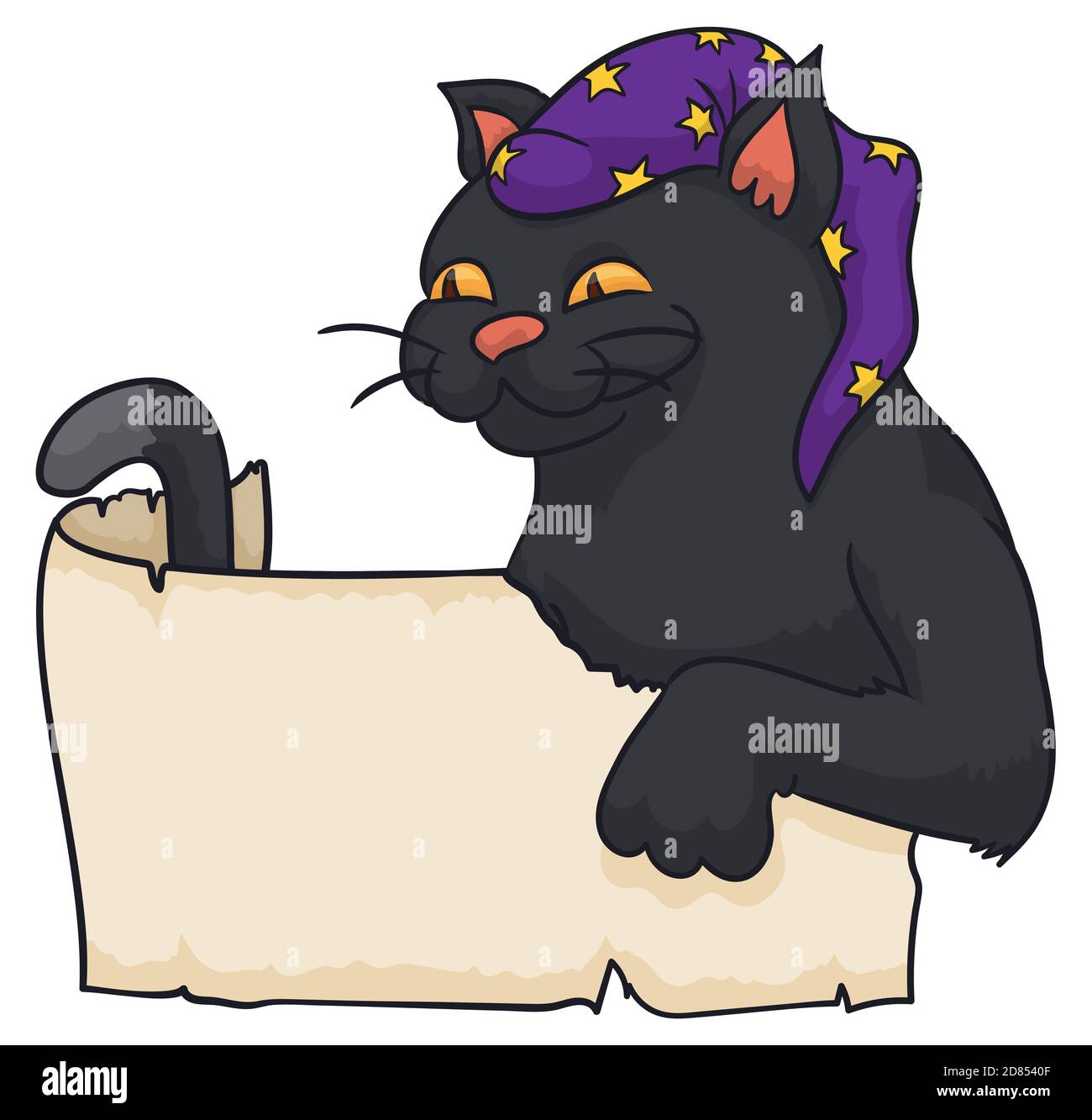 Template with black cat wearing a starry wizard hat behind an ancient scroll, over white background. Stock Vector