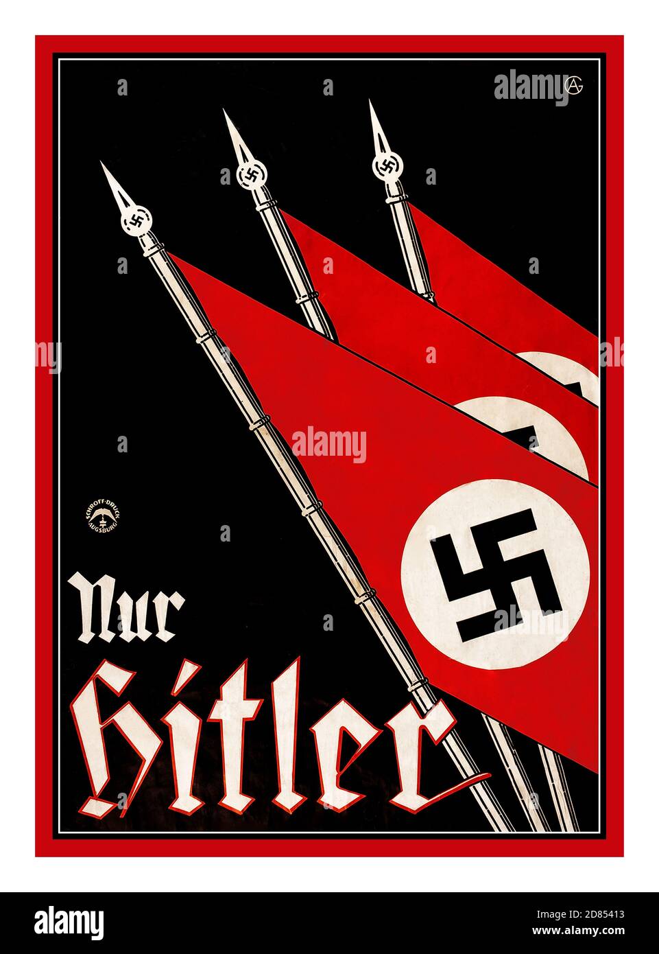 Vintage 1930's 'Only Hitler” nur HITLER Propaganda Poster Lithograph with Swastika Flags. NSDAP Nazi Presidential Election c.1932 Germany. The National Socialist German Workers Party (NSDAP) was founded in 1920s. The ideology relied  on German nationalism and anti-Semitism. By 1921, Adolf Hitler became the leader of the NSDAP, a position which would later propel him to become dictator of the Nazi Germany German Third Reich. NSDAP populist propaganda symbolism kept in the mind of the German voters. Stock Photo