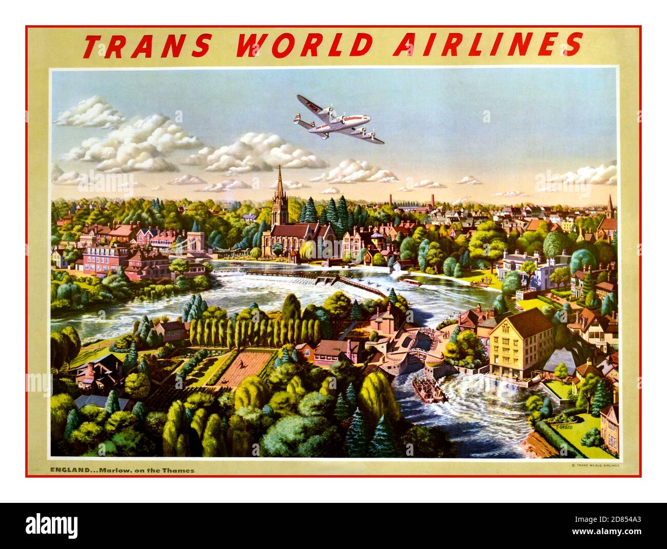 VINTAGE 1940s TRAVEL POSTER TWA AIRLINES MARLOW ENGLAND UK CONSTELLATION AIRCRAFT  Vintage travel advertising poster for Trans World Airlines featuring a painting by S. Greco, of Marlow On The Thames, a town in Buckinghamshire, UK with a TWA Lockheed Constellation plane flying above it. Trans World Airlines (TWA) was a major American airline which operated from 1930 until 2001. Stock Photo