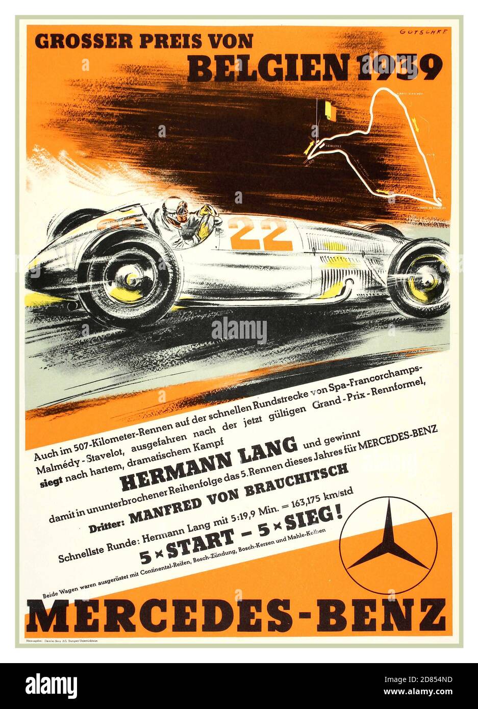 Vintage 1930's Mercedes Grosser Preis von Belgien 1939 - Mercedes Benz motor racing poster. Original vintage motorsport poster promoting Mercedes-Benz at the Grosser Preis von Belgien 1939, featuring German race drivers Hermann Lang (No 22) and Manfred von Brauchitsch. The Belgian Grand Prix (Dutch: Grote Prijs van België; French: Grand Prix de Belgique; German: Großer Preis von Belgien) is an automobile race, part of the Formula One World Championship. Stock Photo