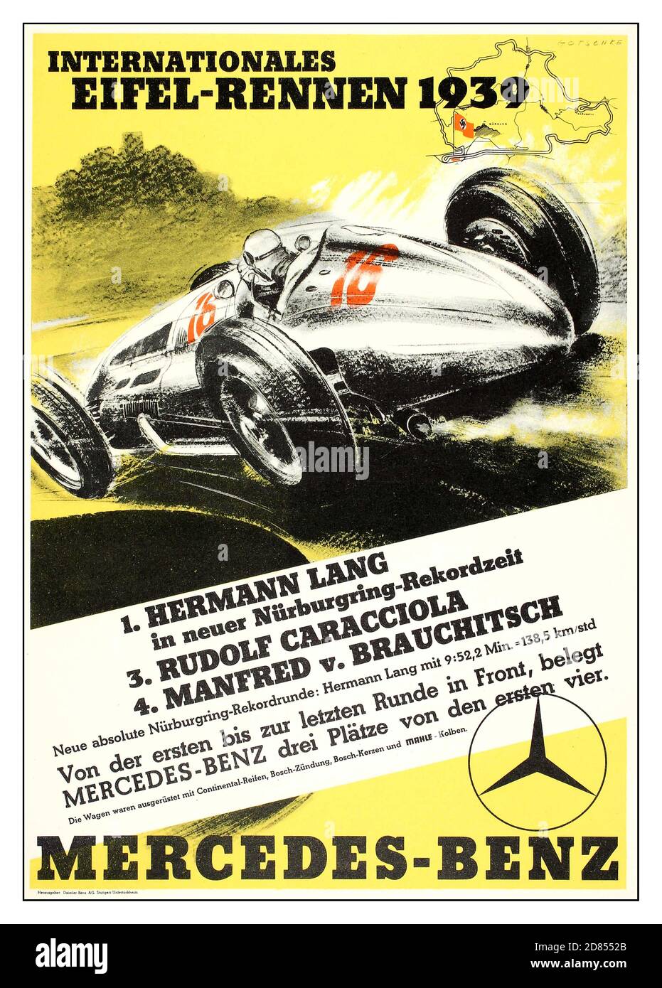 1939 Vintage Mercedes Race poster Internationales Eifel-Rennen 1939 - Mercedes Benz motor racing poster.  vintage motorsport poster intage 1930’s German Motor Racing Poster with Nazi Swastika start-finish flag promoting Mercedes-Benz at the International Eifel race on the Nürburgring, featuring German race drivers Hermann Lang, Rudolph Caracciola and Manfred von Brauchitsch. The Eifelrennen was an annual motor race, organised by ADAC Automobile Club from 1922 to 2003, held in Germany's Eifel mountain region even before the Nürburgring was built there. Artwork Designer: Gotschke Stock Photo