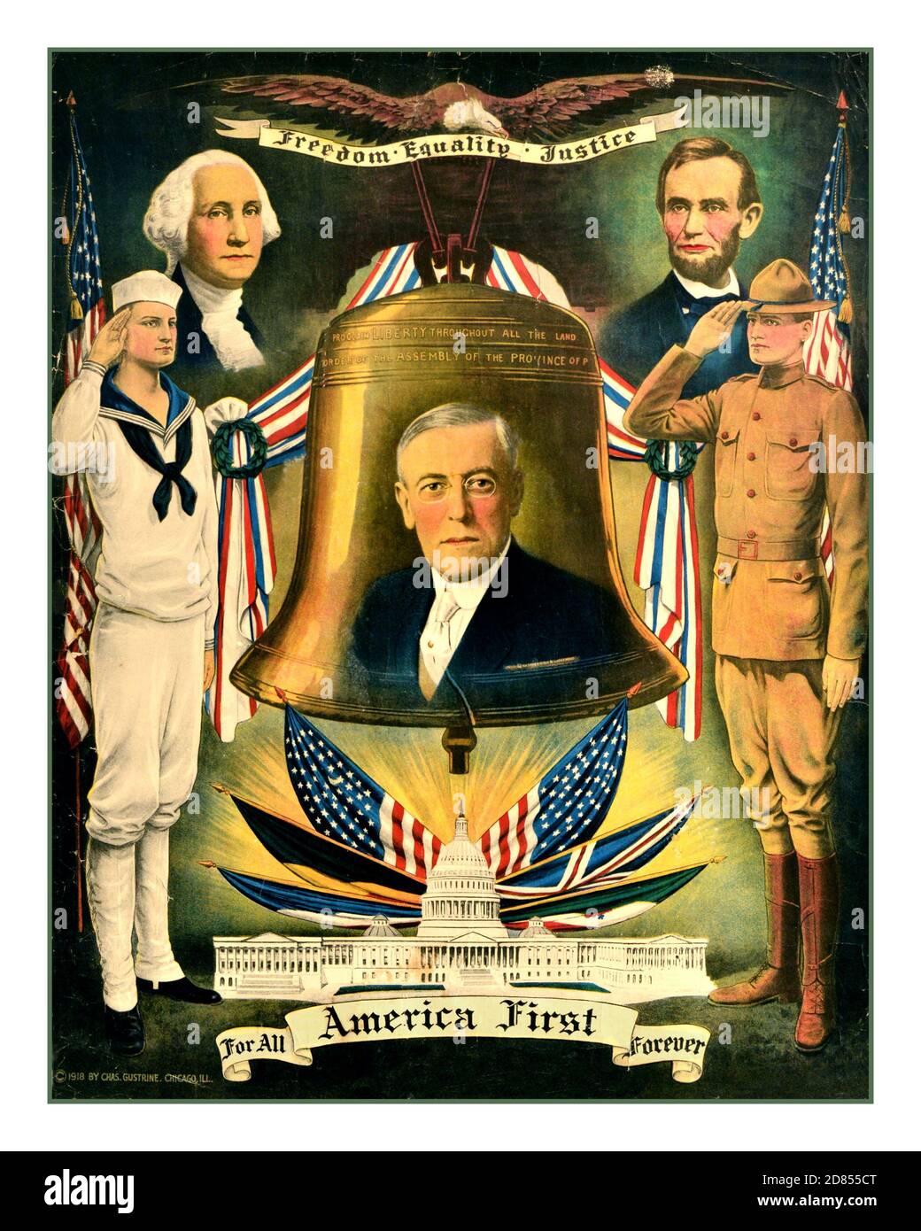 WOODROW WILSON 1900’s USA PROPAGANDA POSTER AMERICA FIRST Original vintage propaganda political poster, published in 1918 in Chicago and features three important American presidents - the incumbent 26th President at the time, Woodrow Wilson (1856-1924), the First American President George Washington (1732-1799), and 16th President Abraham Lincoln (1809-1865). The artwork also features a bald eagle carrying a US Naval Ship's bell, a naval midshipman and a cavalryman saluting the American flags, with Washington D.C. White House below. USA,  designer: Charles Gustrine, 1918 Stock Photo