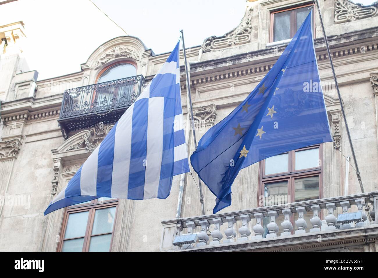 Greek Embassy in Turkey. The flag of the European Union and Greece on the consulate building. The consulate house with country flags Stock Photo