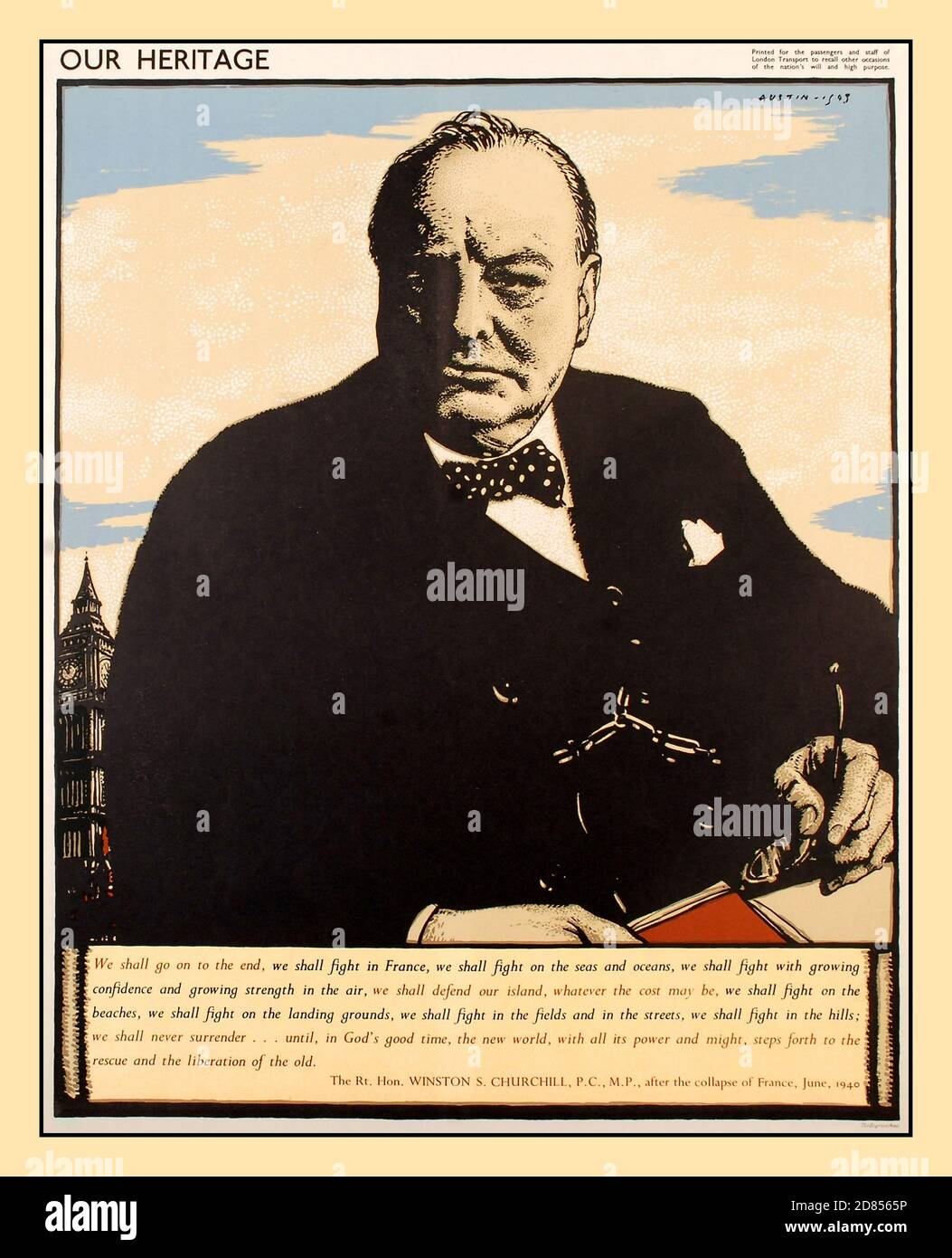 Vintage 1940 WW2 Propaganda Postcard with wartime leader Prime Minister Churchill and below his famous speech and rally cry to the British population..... 'we shall never surrender' Speech made after the fall of France to Nazi Germany June 1940 Second World War, World War II Stock Photo