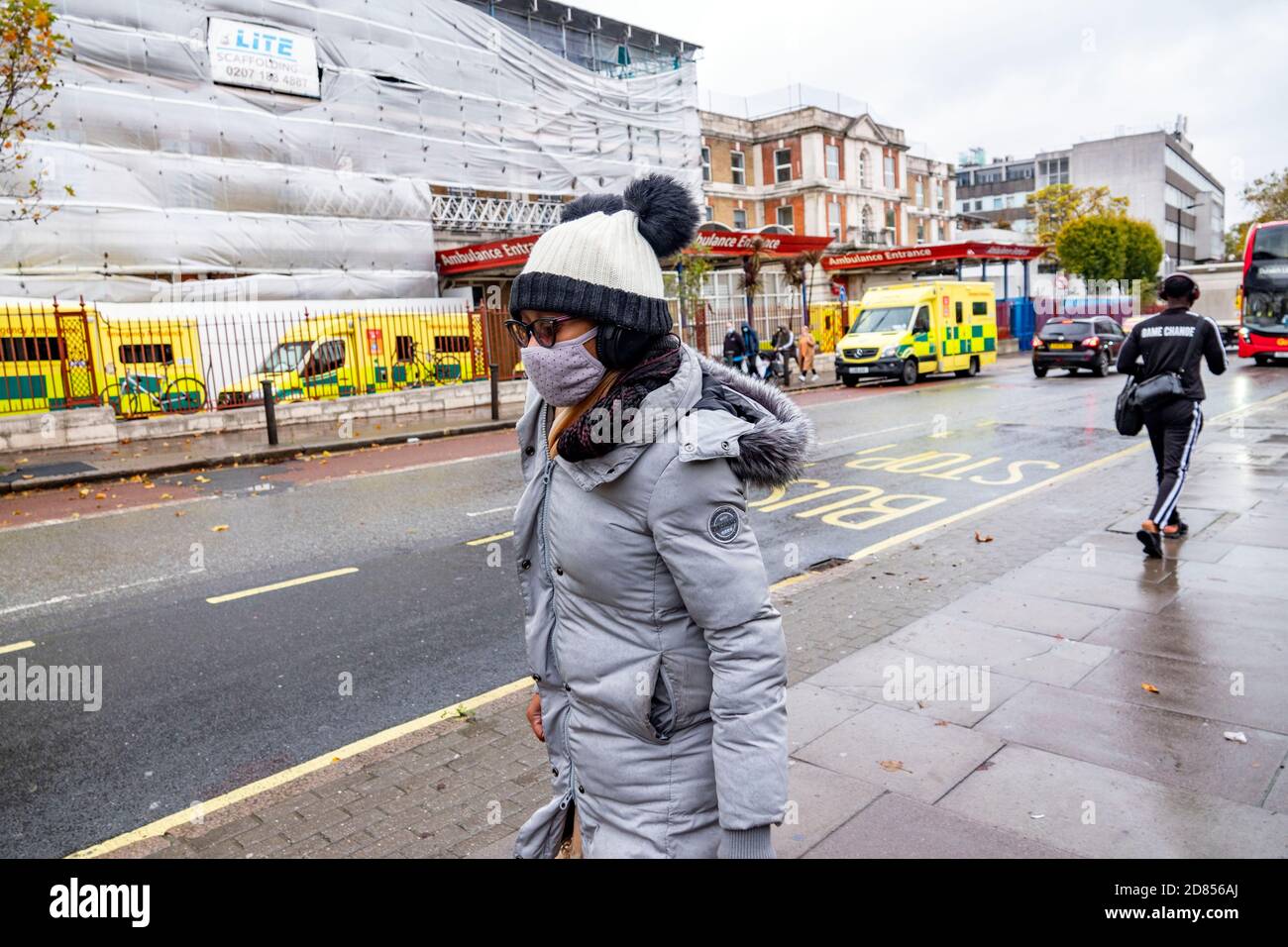 Rainy scene in London as Covid 19 continued into winder and targets to get out of lockdowns were called for  outside King’s College Hospital   Picture Stock Photo