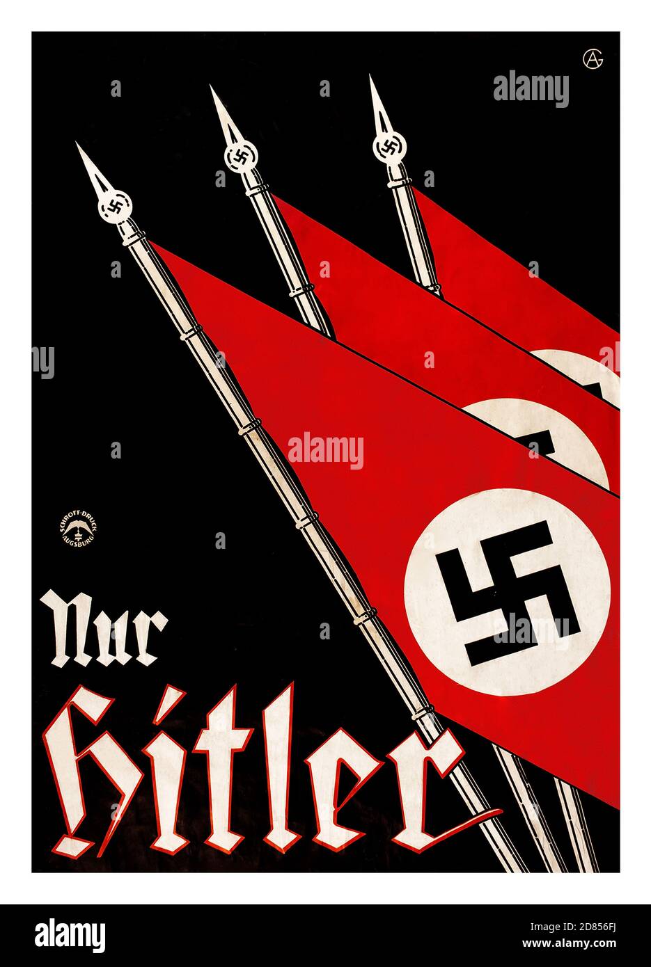 Vintage 1930's 'Only Hitler” nur HITLER Propaganda Poster Lithograph NSDAP Nazi Presidential Election c.1932 Germany. The National Socialist German Workers Party (NSDAP) was founded in 1920s. The ideology relied  on German nationalism and anti-Semitism. By 1921, Adolf Hitler became the leader of the NSDAP, a position which would later propel him to become dictator of the Nazi Germany German Third Reich. NSDAP populist image kept in the mind of the German voters. Stock Photo