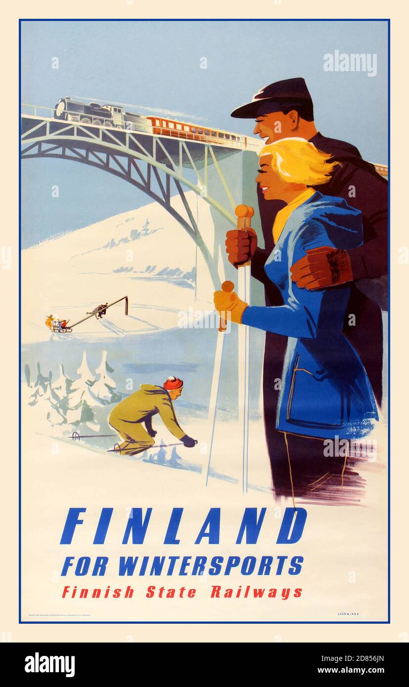 1950's Travel vintage poster Finland for Wintersports Finnish State Railways. VR (formally VR Group) a government-owned railway company in Finland. VR was created in 1995. VR was formerly known as Suomen Valtion Rautatiet (Finnish State Railways) from 1862 to 1922 and Valtionrautatiet/Statsjärnvägarna (State Railways) from 1922 to 1995. Finland. Year: 1955. Artist: J. Hanninen Stock Photo