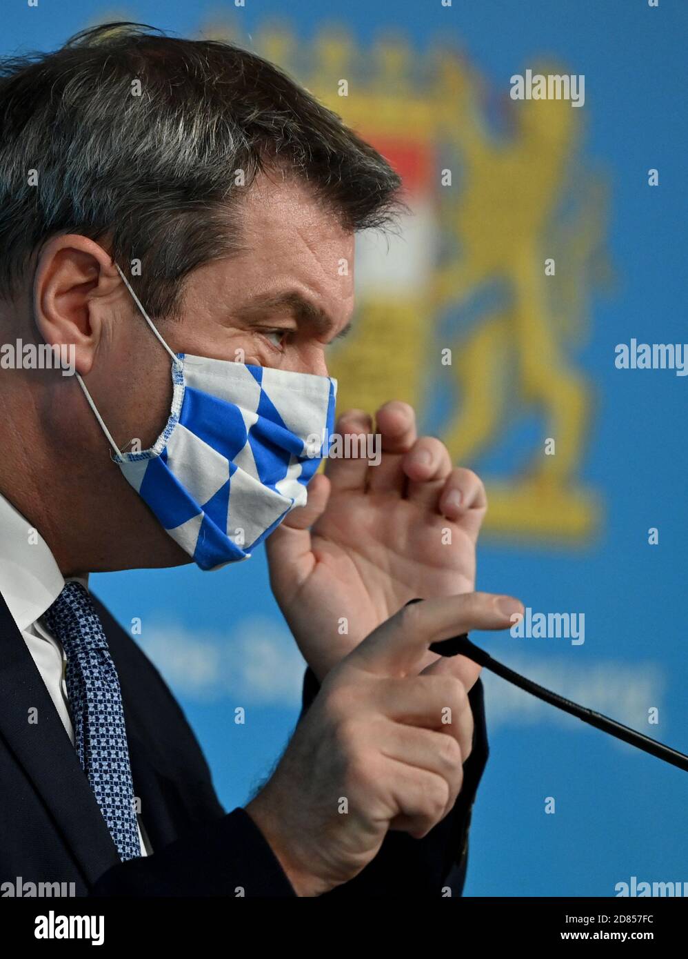 Munich, Germany. 27th Oct, 2020. Markus Söder (CSU), Minister President of Bavaria, will attend a press conference after the cabinet meeting, wearing a mask. Credit: Peter Kneffel/dpa POOL/dpa/Alamy Live News Stock Photo