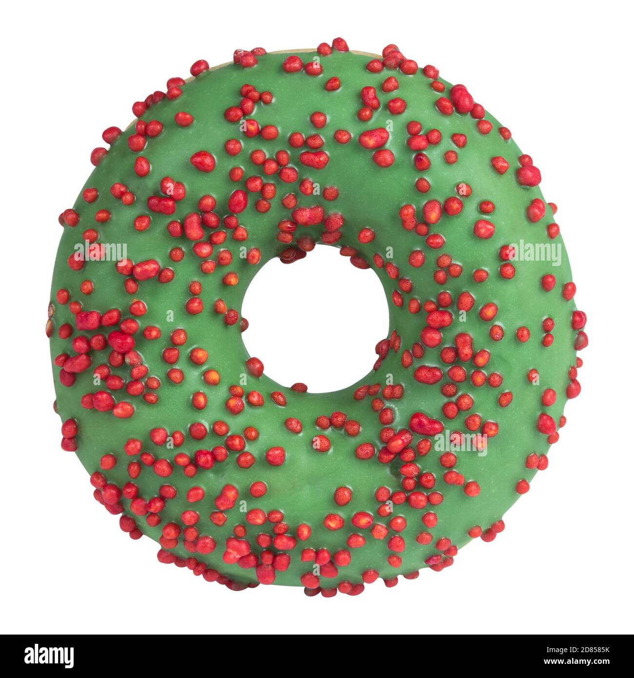 Green donut with sprinkles isolated on white background. Top view Stock