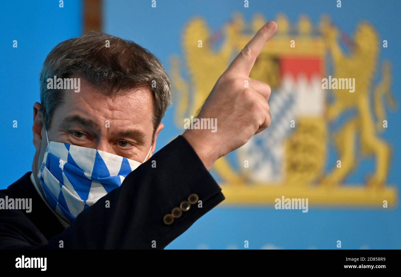 Munich, Germany. 27th Oct, 2020. Markus Söder (CSU), Minister President of Bavaria, will attend a press conference after the cabinet meeting, wearing a mask. Credit: Peter Kneffel/dpa POOL/dpa/Alamy Live News Stock Photo