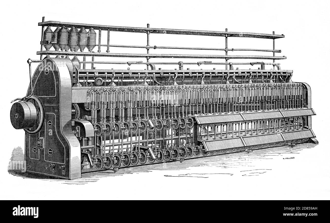 A 19th Century Bobbin and Fly Frame cotton machine that draws and twists the fine gossamer film (sliver) and winds the roving on a bobbin . Stock Photo