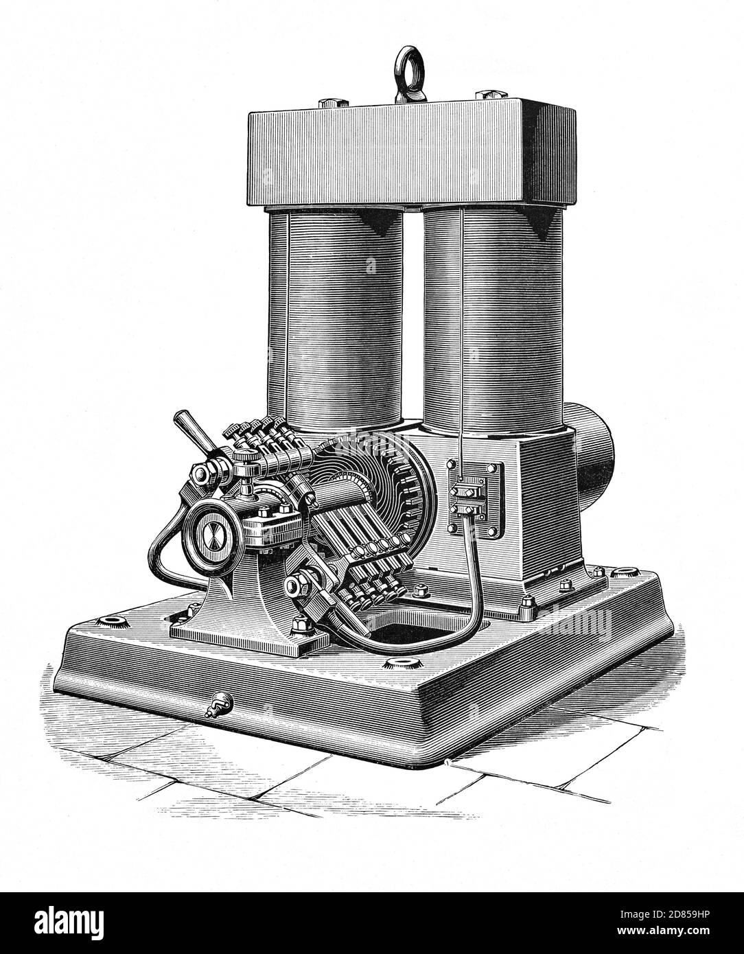 A 19th Century illustration of the Edison-Hopkinson dynamo. As earlier types of Edison dynamo became obsolete improved designs came along and one Dr John Hopkinson improved performance by altering the field-magnets and modifying the armature of the machine, getting more iron into it, thus diminishing the magnetic reluctance in this part of the magnetic circuit. Stock Photo