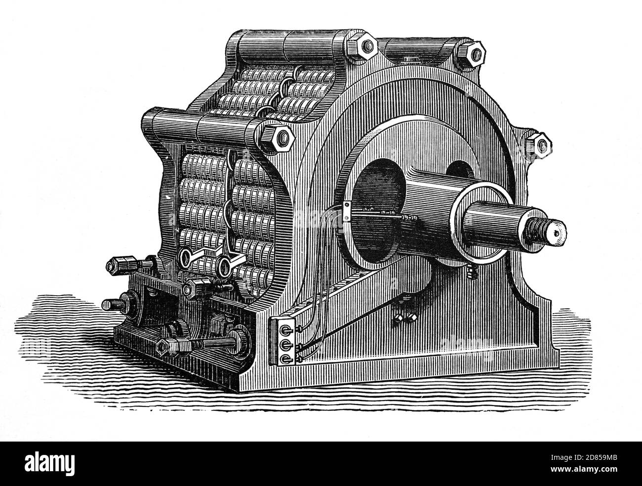 A 19th Century illustration of the Ferranti-Thompson dynamo, a generator makes AC electricity (AC Alternating Current) using electromagnetism. When the  Zigzag armature invented by Liverpoool born Sebastian de Ferranti (1864-1930) was combined with Sir William Thomson's (Lord Kelvin's) dynamo the machine gave five times the output of any previous machine of it's size. Stock Photo