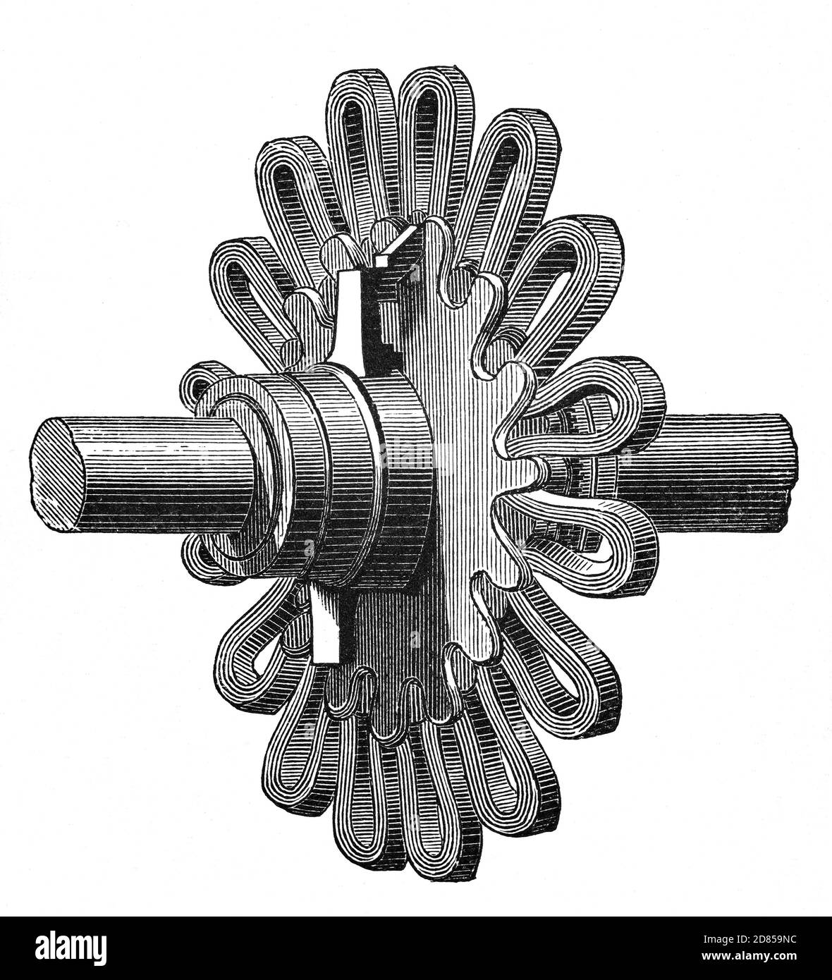 A 19th Century illustration of the  Zigzag armature invented by Liverpoool born Sebastian de Ferranti (1864-1930). When  combined with Sir William Thomson's (Lord Kelvin's) dynamo the machine gave five times the output of AC electricity (AC Alternating Current) than any previous machine of it's size. Stock Photo