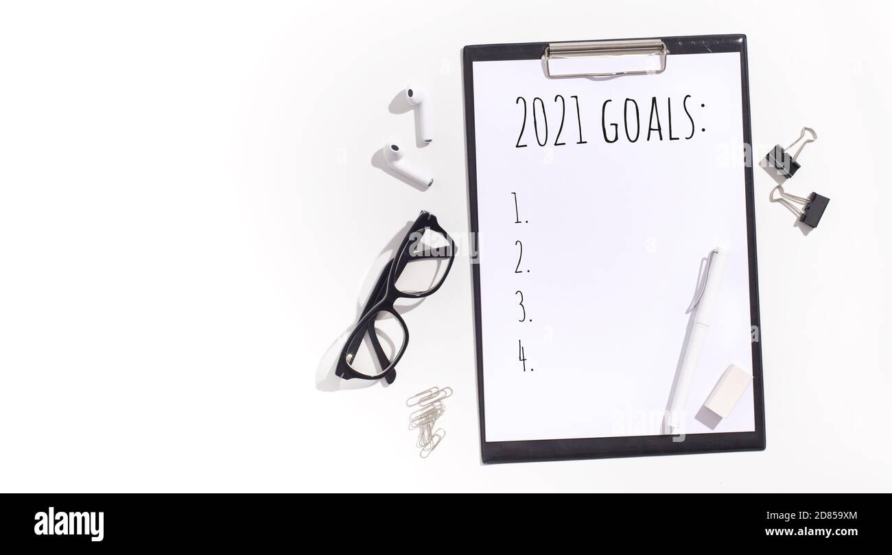 Clipboard With Goal List On Paper Sheet, AboveView, White Background
