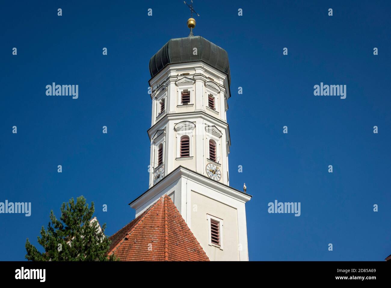 Stork on Raisting Clocktower, Bavaria Stock Photo