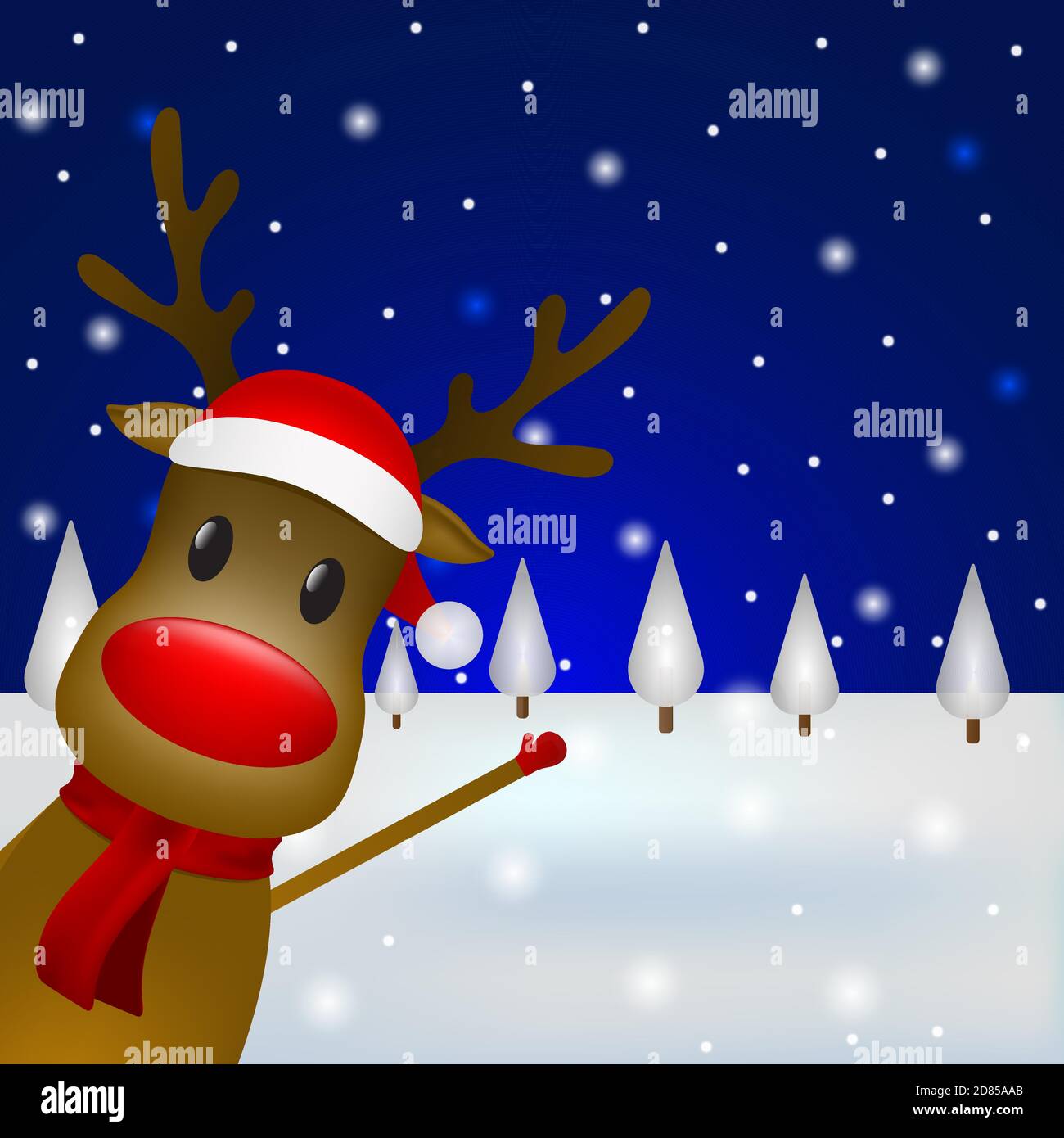 Christmas reindeer with a scarf and a santa claus hat standing in the ...