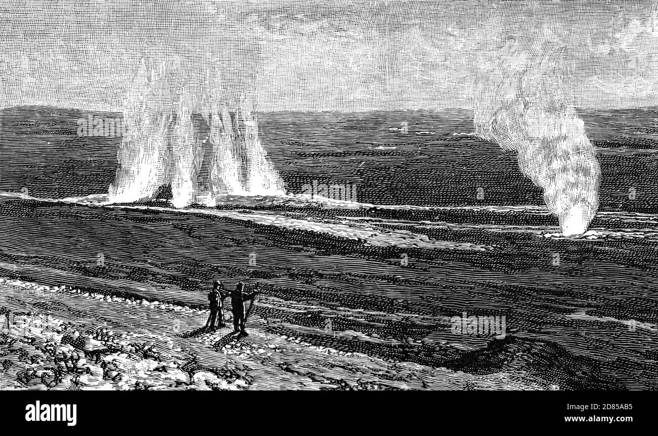 A 19th Century illustration of the Great Geysir in southwestern Iceland. It lies in the Haukadalur valley on the slopes of Laugarfjall hill and its eruptions can hurl boiling water up to 70 metres (230 ft) in the air. However, eruptions may be infrequent, and have in the past stopped altogether for years at a time. Stock Photo