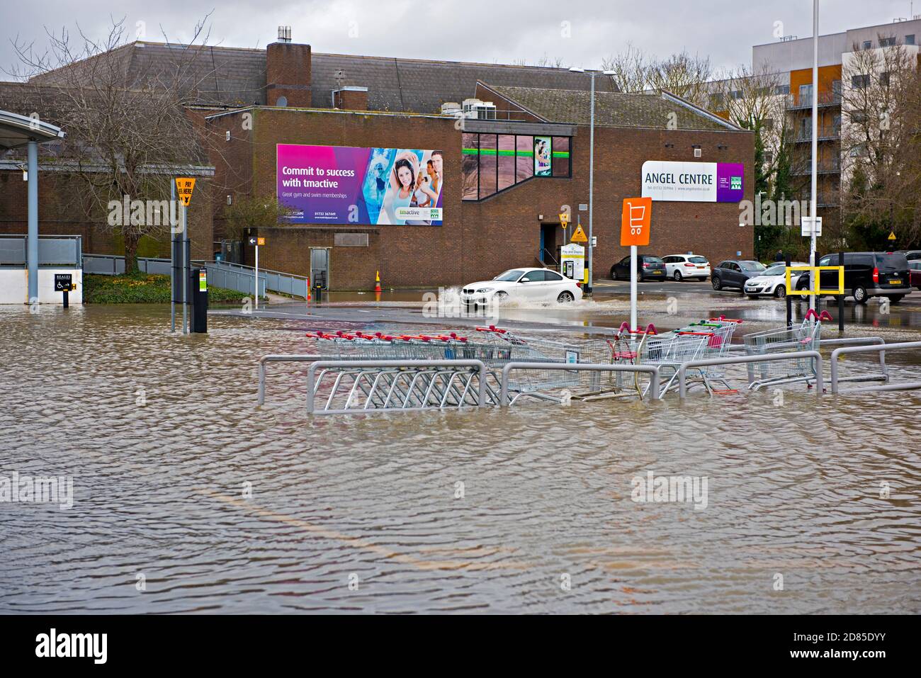 The Angel Centre car park in Tonbridge, UK flooded following heavy rain and overtopping of the River Medway that runs through the town Stock Photo