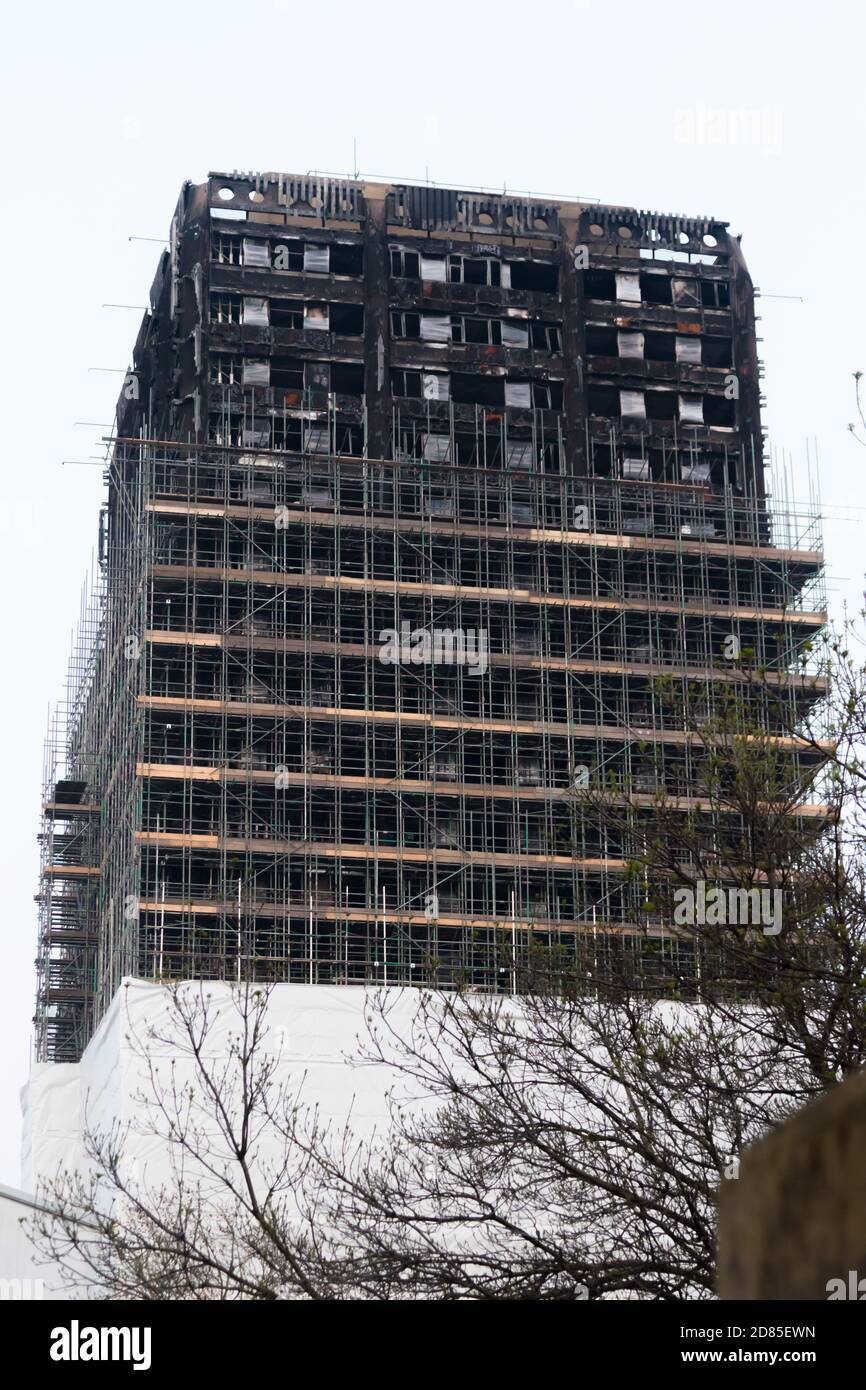 London, United Kingdom, 14th April 2018:- The ruins of Grenfell tower ten months on from the devastating fire that killed 71 located in Kensington and Stock Photo