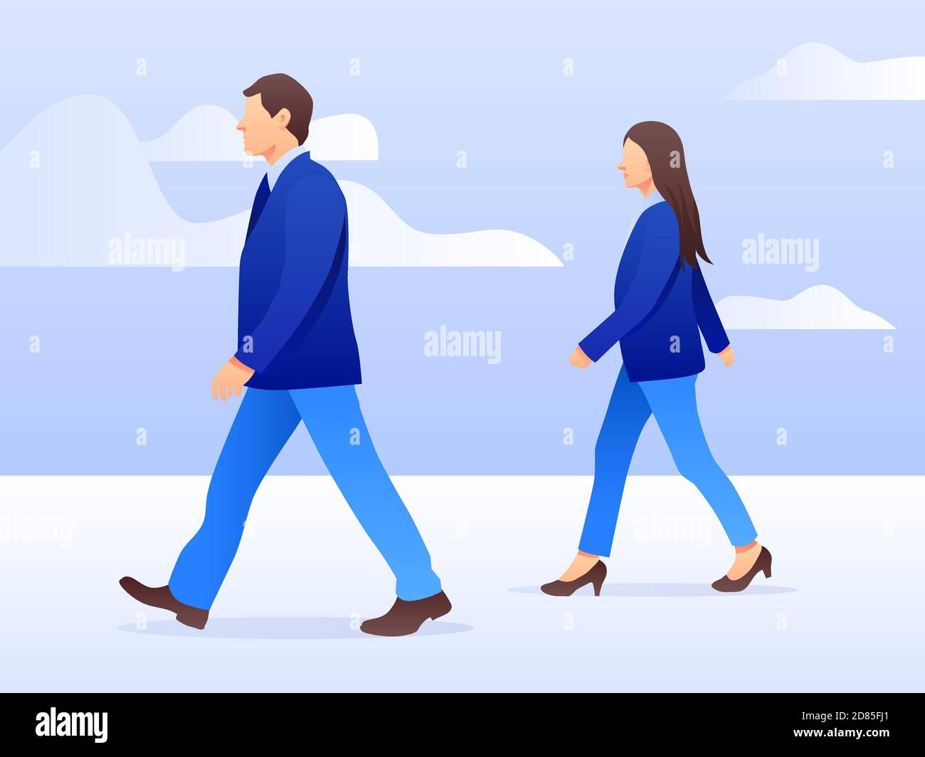 Vector set of walking and standing business characters. International business team. Simple flat design in blue colors. Stock Vector