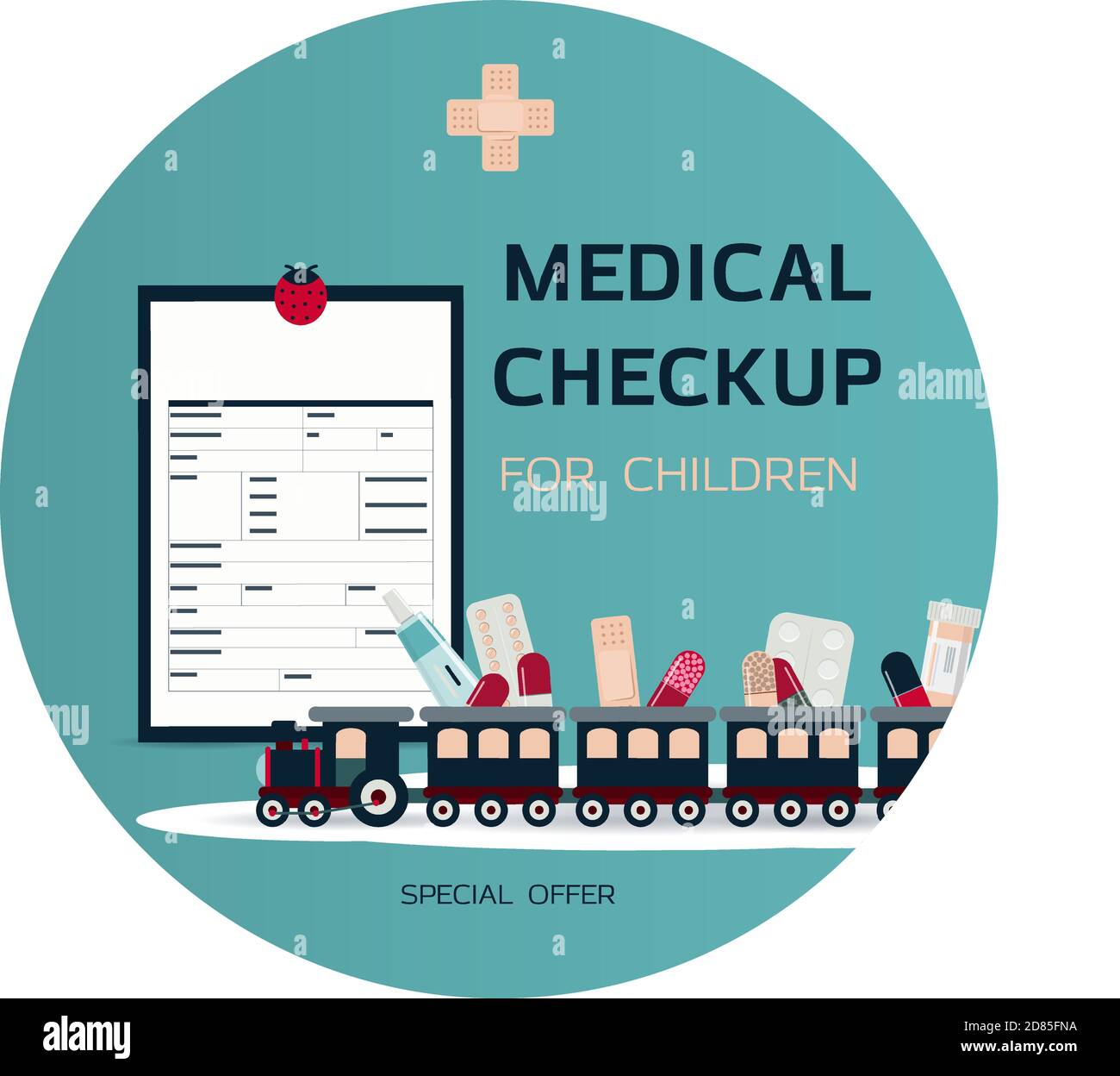 Medical poster with medicines, test tubes and a thermometer. Advertising online pharmacies or remote medical consultations for adults and children. Medical checkup and blood test results for the virus. Home delivery of medicines. Sending the analysis results to your email. Discounts on medical products Stock Vector