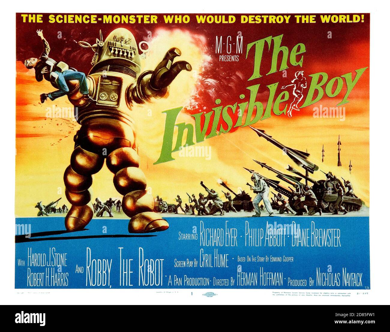 Vintage movie poster: The Invisible Boy (aka S.O.S Spaceship) is a 1957 black and white American science fiction film. Classic 1950s film poster. Stock Photo