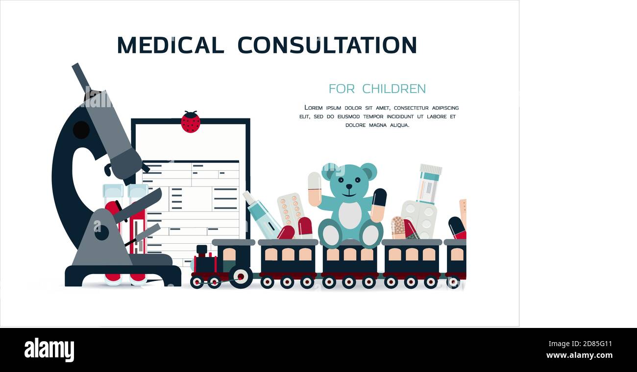 Medical poster with medicines, test tubes and a thermometer ...