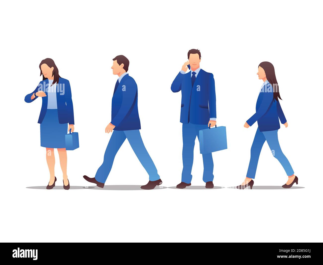 Vector set of walking and standing business characters. International business team. Simple flat design in blue colors. Stock Vector