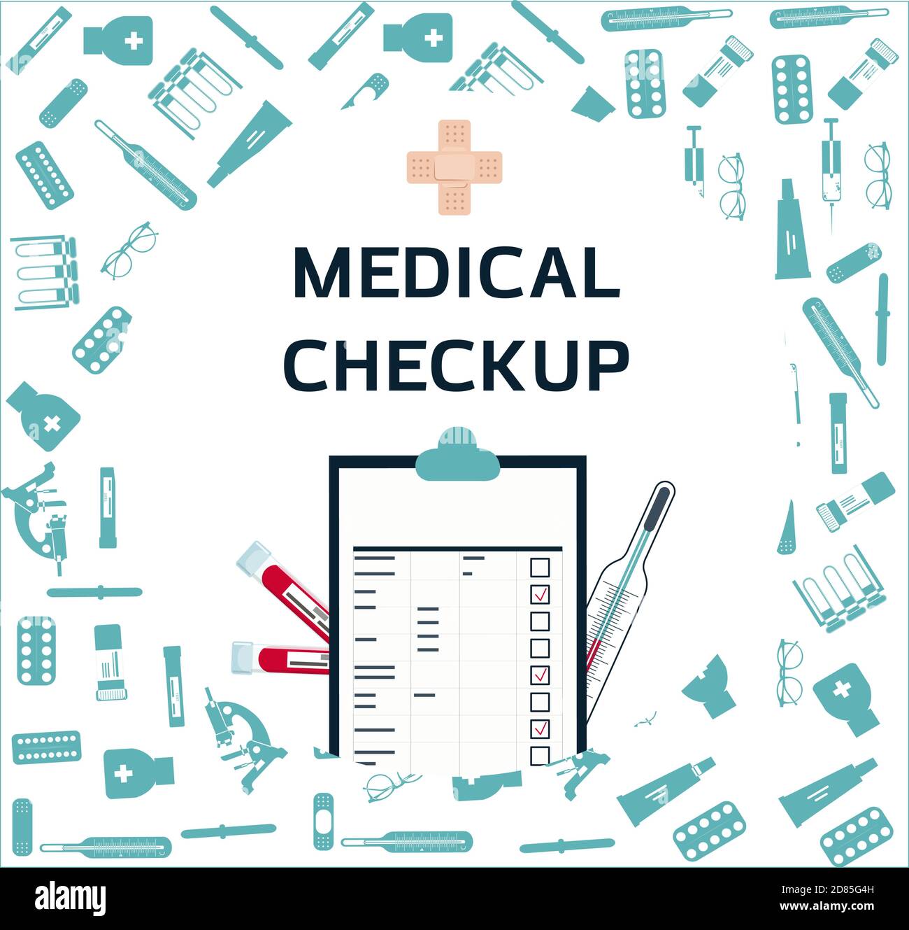 Medical poster with medicines, test tubes and a thermometer. Advertising online pharmacies or remote medical consultations for adults and children. Medical checkup and blood test results for the virus. Home delivery of medicines. Sending the analysis results to your email. Discounts on medical products Stock Vector