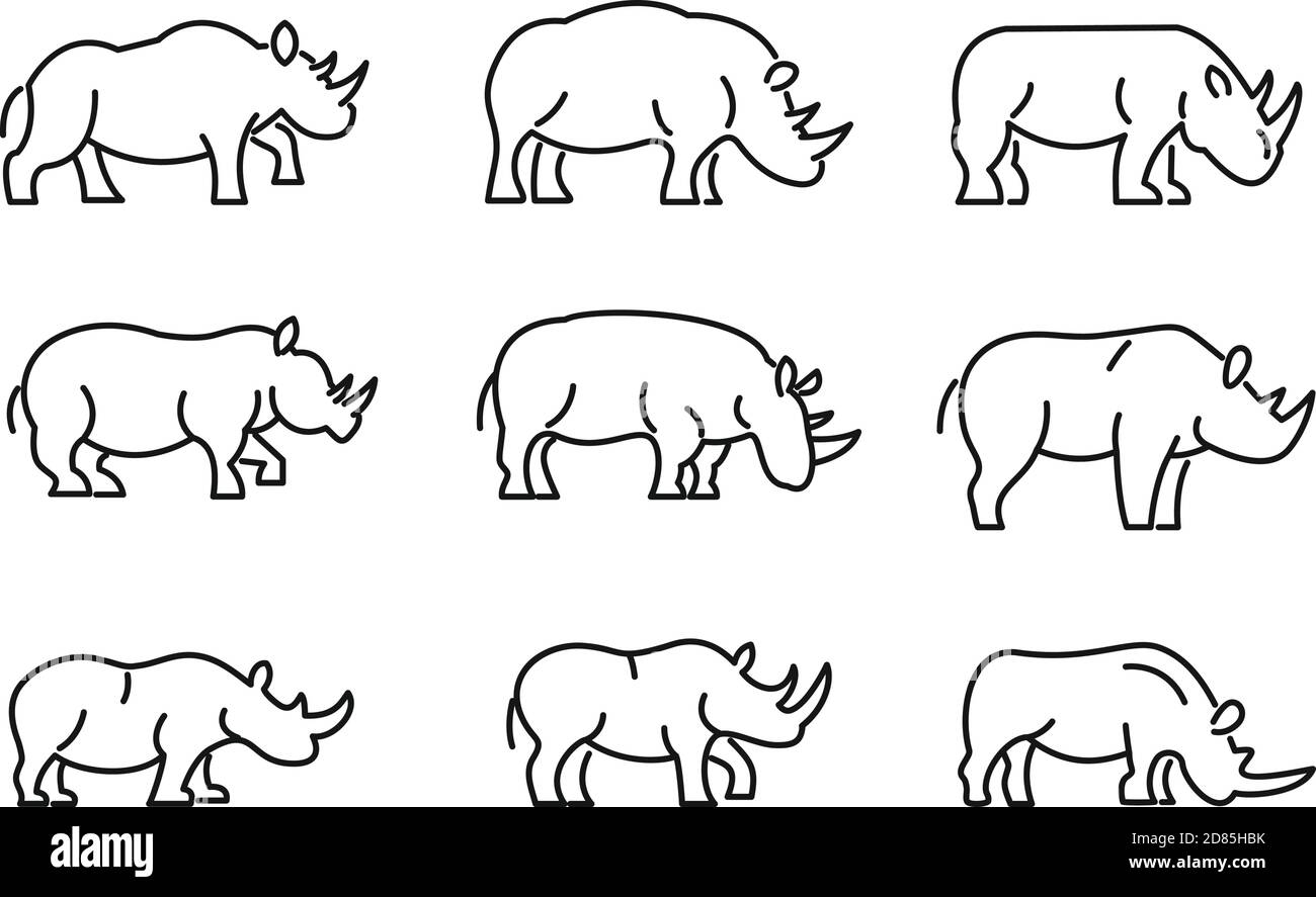 Rhino icons set, outline style Stock Vector