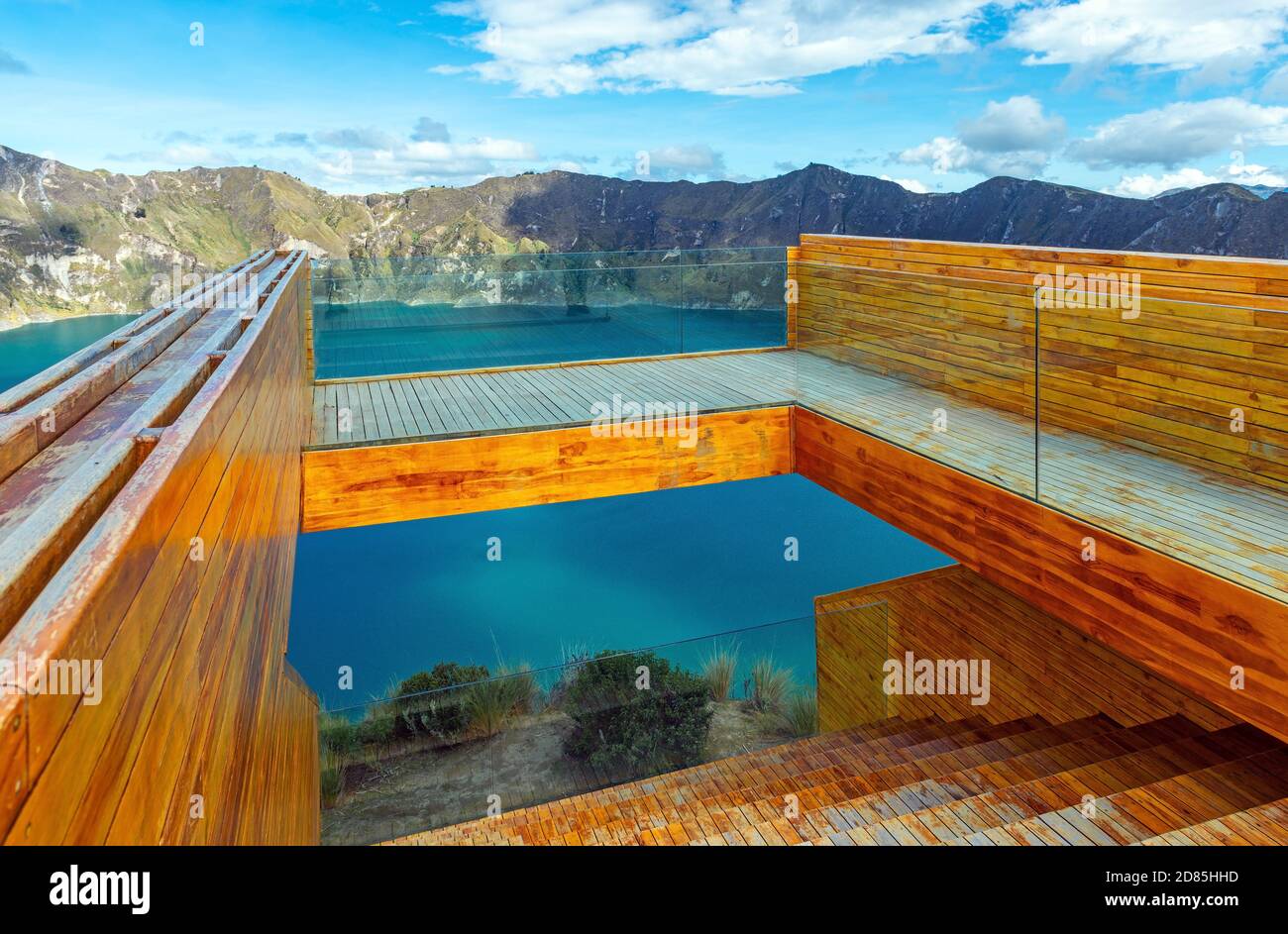 Shalala viewpoint by the Quilotoa Lake with a modern wood and glass construction, south of Quito, Ecuador. Stock Photo