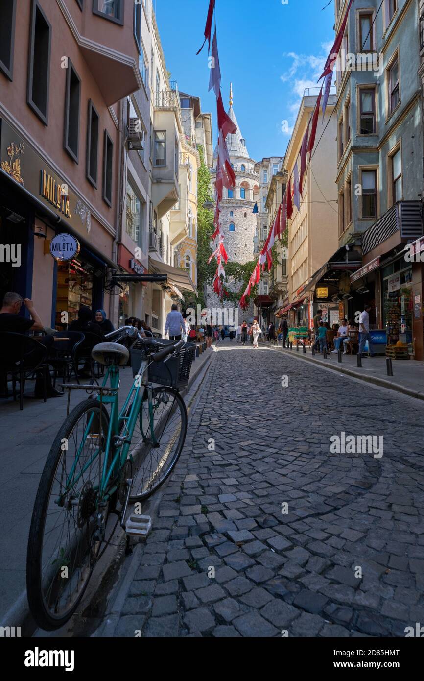Bicycle on street of Galata tower district in Istanbul, Turkey Stock Photo
