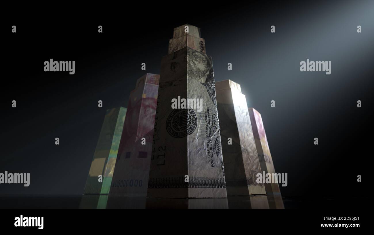 A concept depicting origami skyscrapers formed from folded  banknotes relating to the worlds dominant powerhouse economies on a dark moody spotlit bac Stock Photo