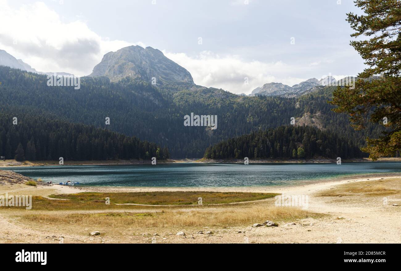 autmn mountain landscape with lake, Black Lake, Zabljak, Montenegro Stock Photo