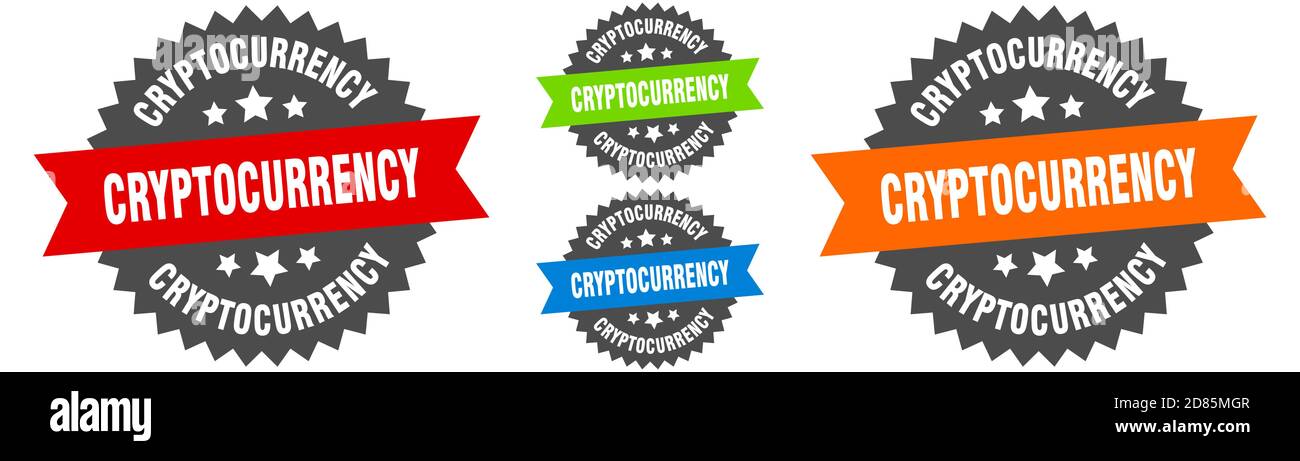 cryptocurrency sign. round ribbon label set. Stamp Stock Vector