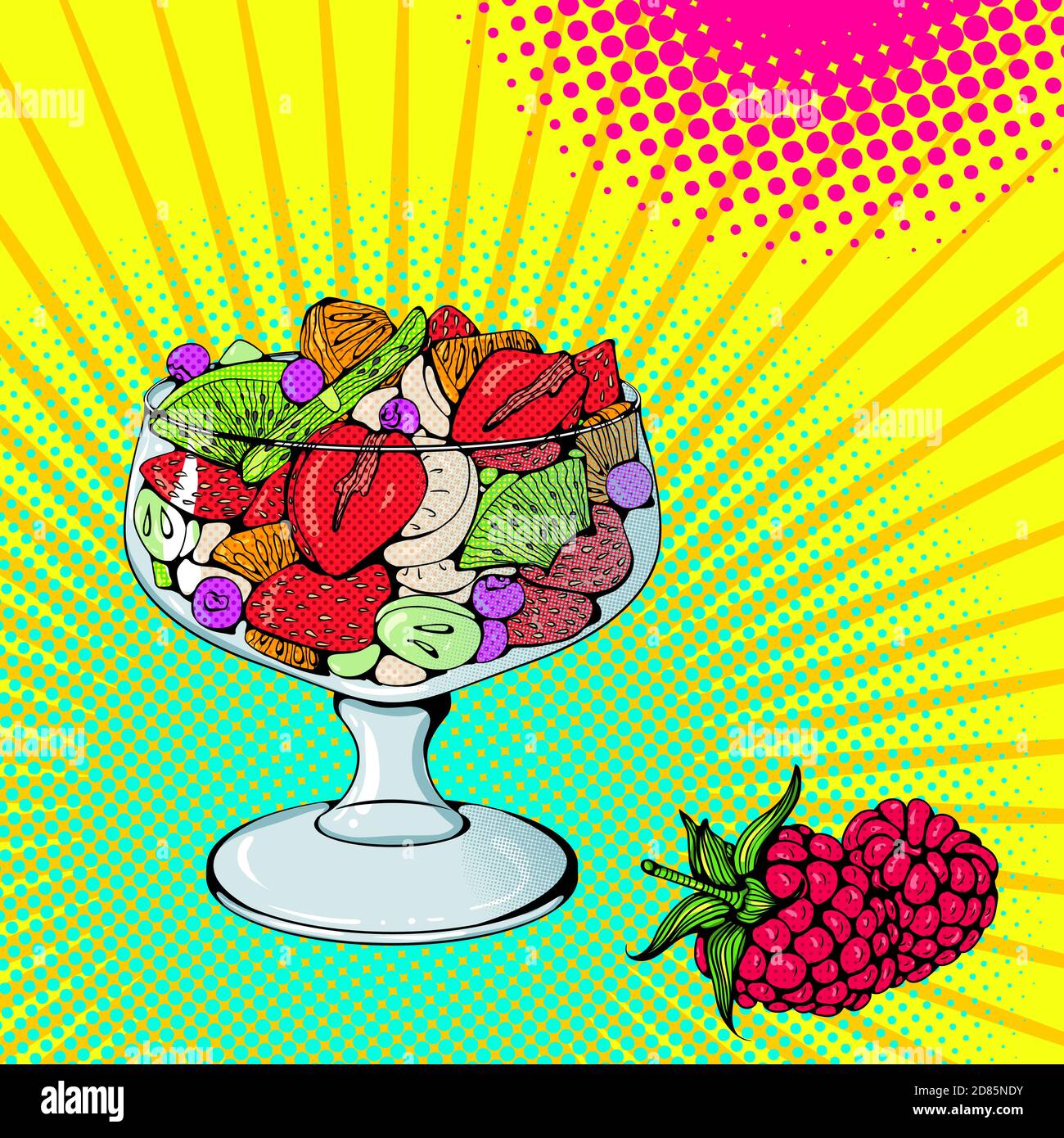 Vector bright colored background in Pop Art style. Illustration with fruit salad. Retro comic style Stock Vector
