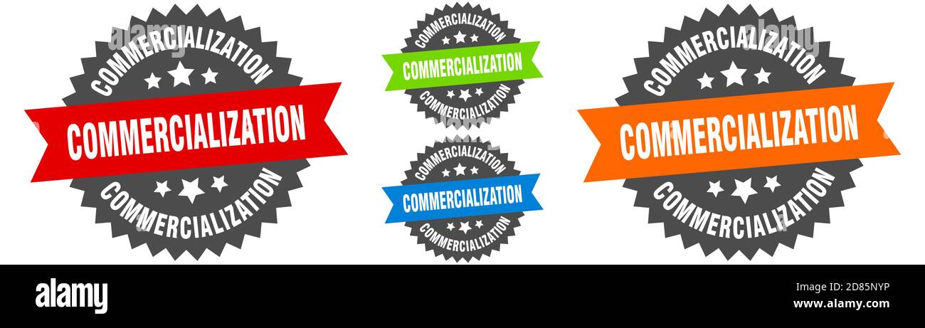 commercialization sign. round ribbon label set. Stamp Stock Vector