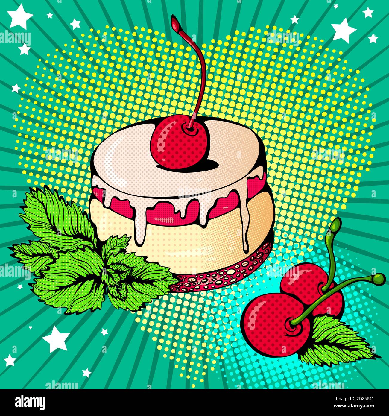 Vector bright colored background in Pop Art style. Illustration with cherry dessert. Retro comic style Stock Vector