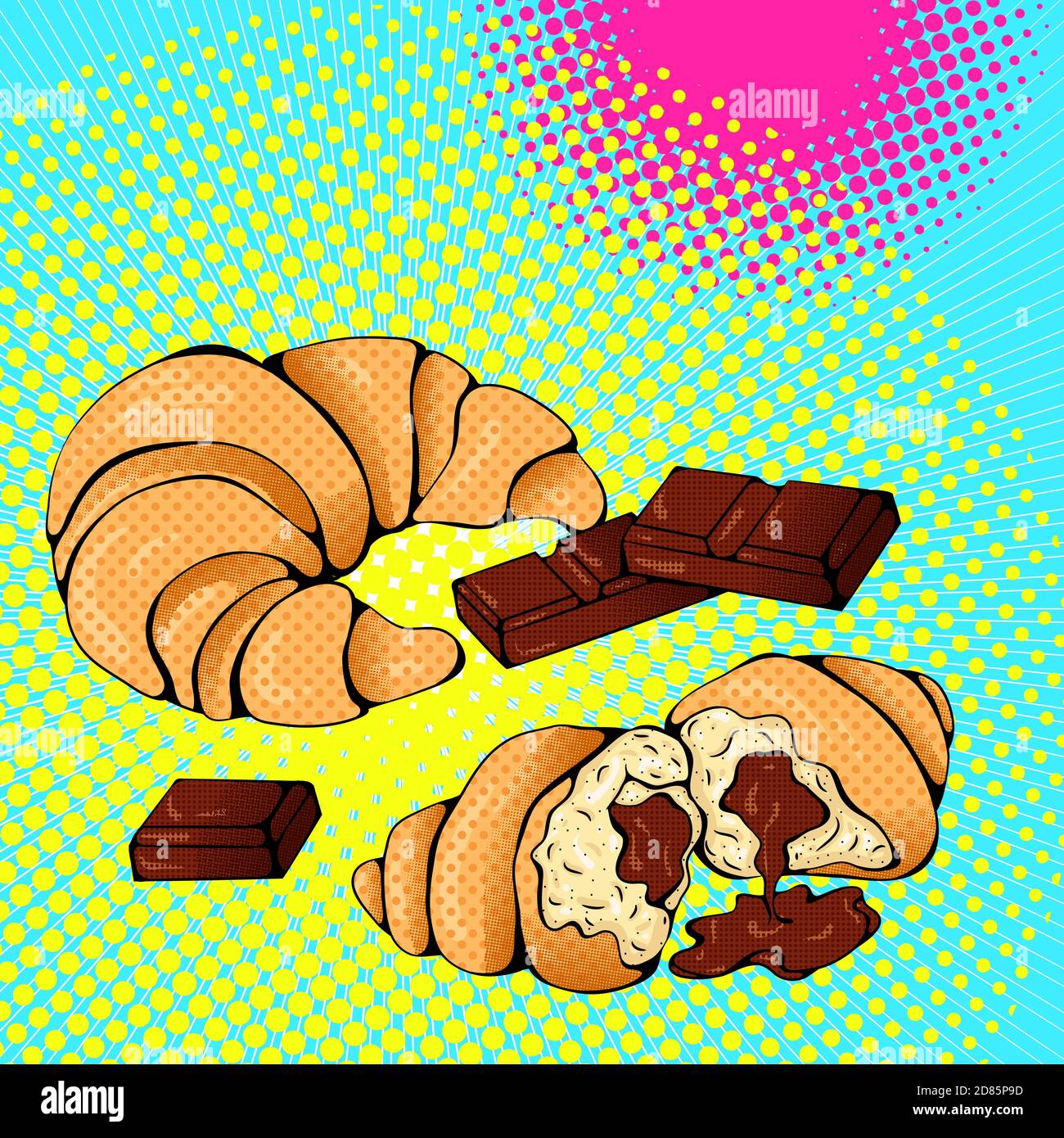 Vector bright colored background in Pop Art style. Illustration with croissant and chocolate. Retro comic style Stock Vector