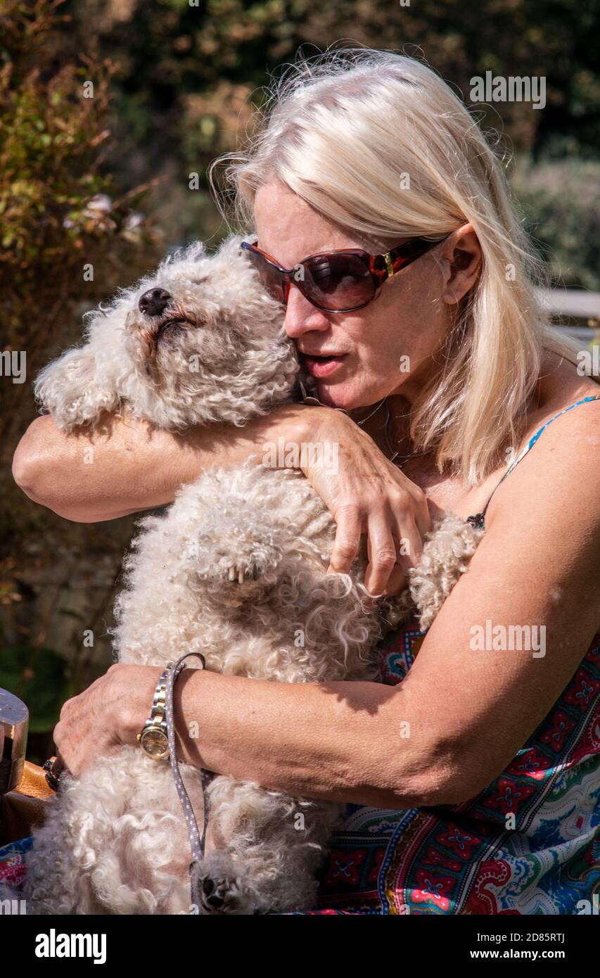 Woman wearing sunglasses holding pet dog, Whitby, England, UK Stock Photo