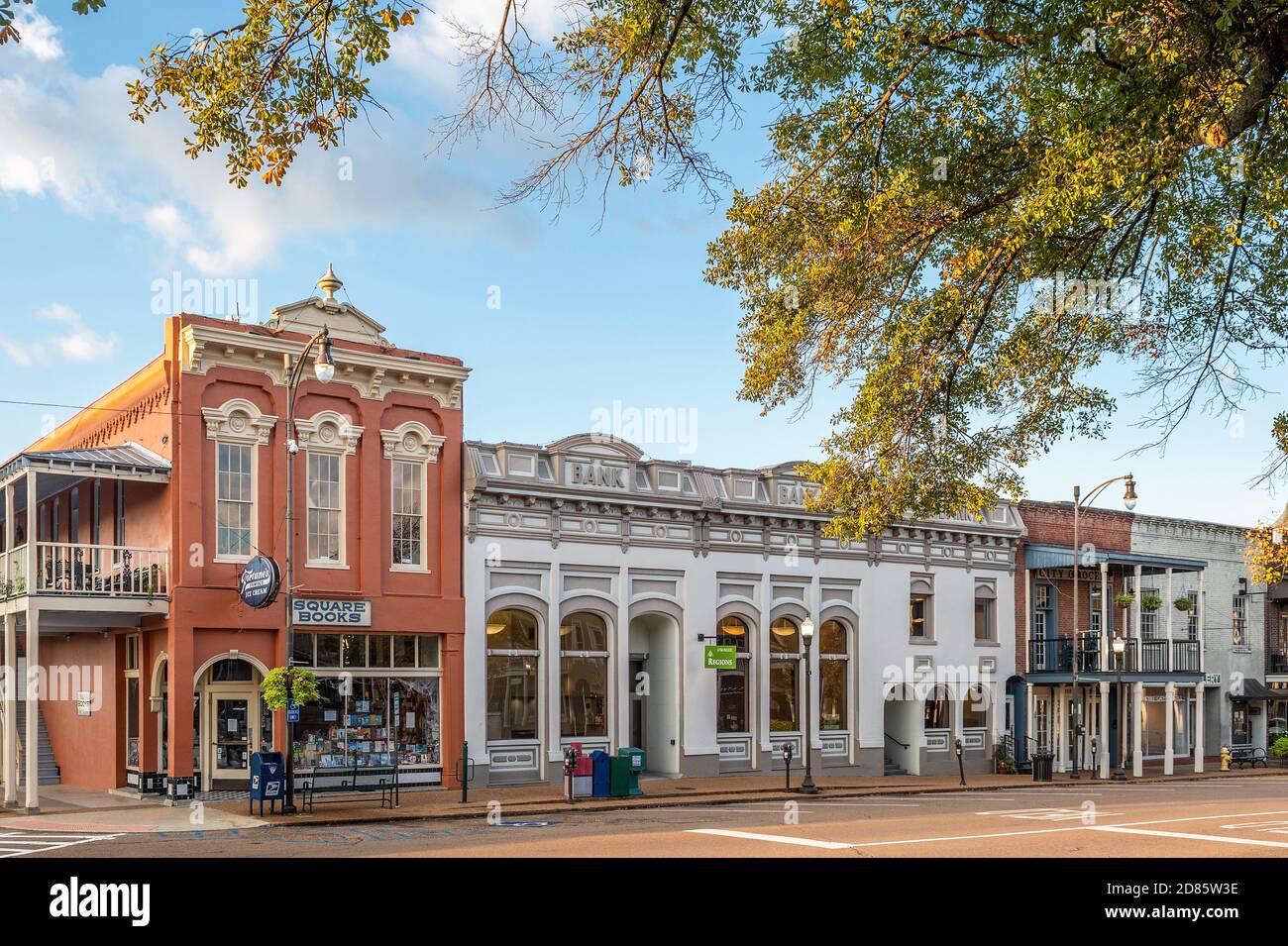 Oxford, Mississippi downtown, town square shops and Square Books bookstore, Mississippi USA. Stock Photo