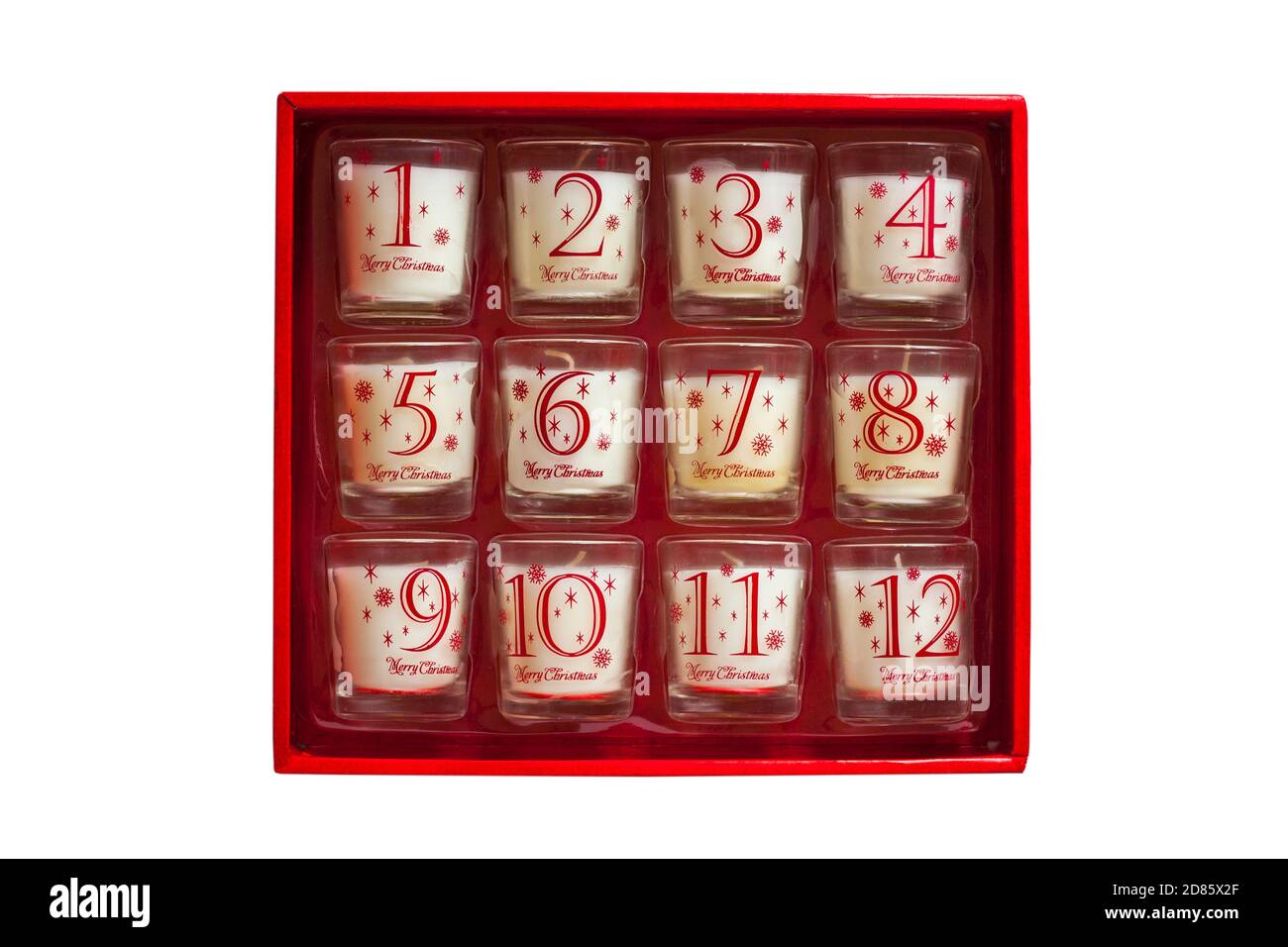 12 days of Christmas candles in box isolated on white background