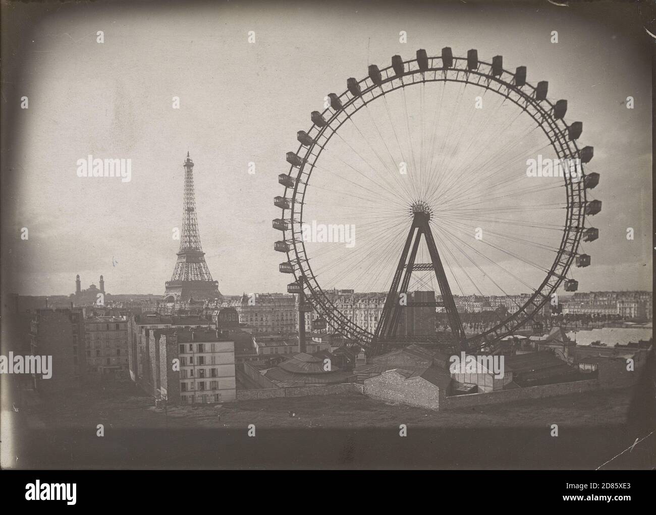 Vintage photo, Paris with Paris Wheel and Eiffel Tower Stock Photo