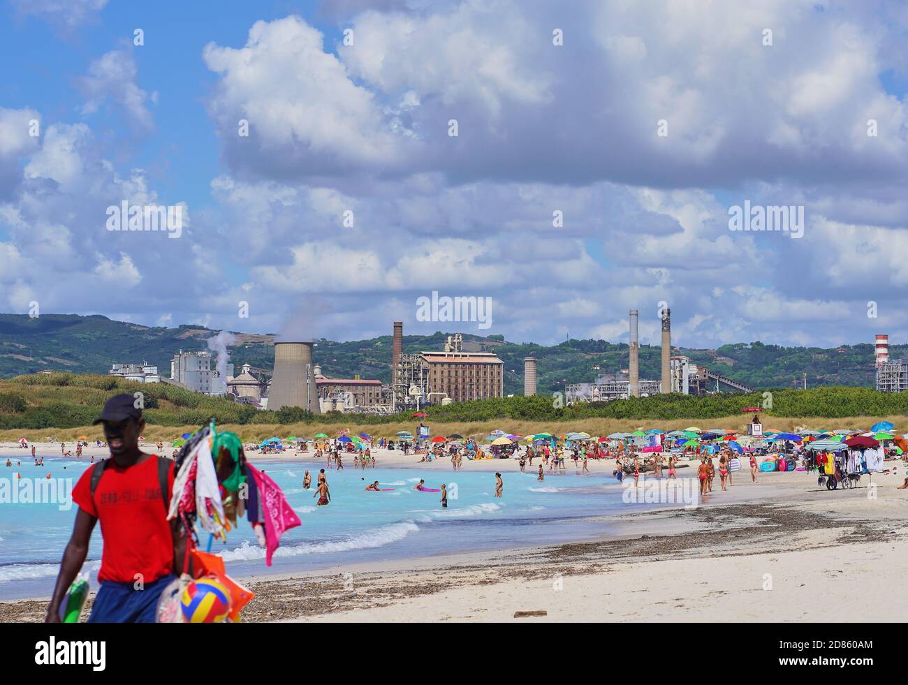 Tourists and local people enjoy “Spiagge Bianche”, the White Sand Beach in Rosignano Solvay, Italy, 1rd September, 2020. The beach is said to be highly toxic due to chemical pollution of a nearby factory in the 1990th, but still its a tourist attraction. © Peter Schatz / Alamy Stock Photos Stock Photo