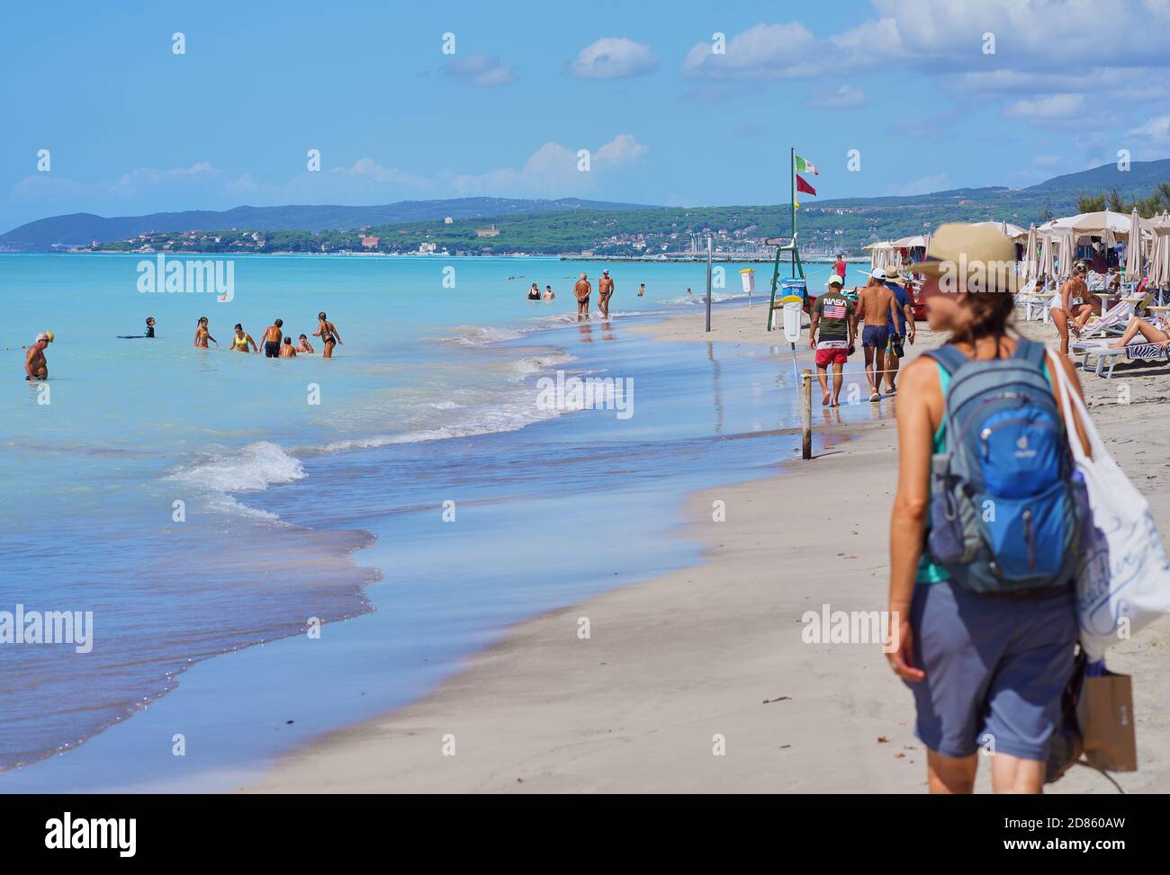 Tourists and local people enjoy “Spiagge Bianche”, the White Sand Beach in Rosignano Solvay, Italy, 1rd September, 2020. The beach is said to be highly toxic due to chemical pollution of a nearby factory in the 1990th, but still its a tourist attraction. © Peter Schatz / Alamy Stock Photos Stock Photo
