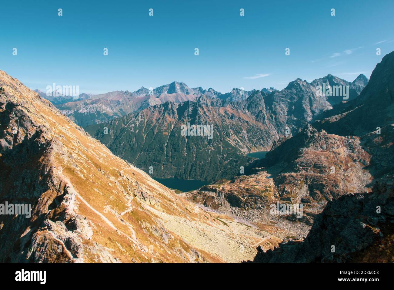 Mountain peak Miedziane in High Tatra Mountains, Poland in autumn, with copper color grass, seen from Szpiglasowy Wierch Mount with Morskie Oko. Stock Photo