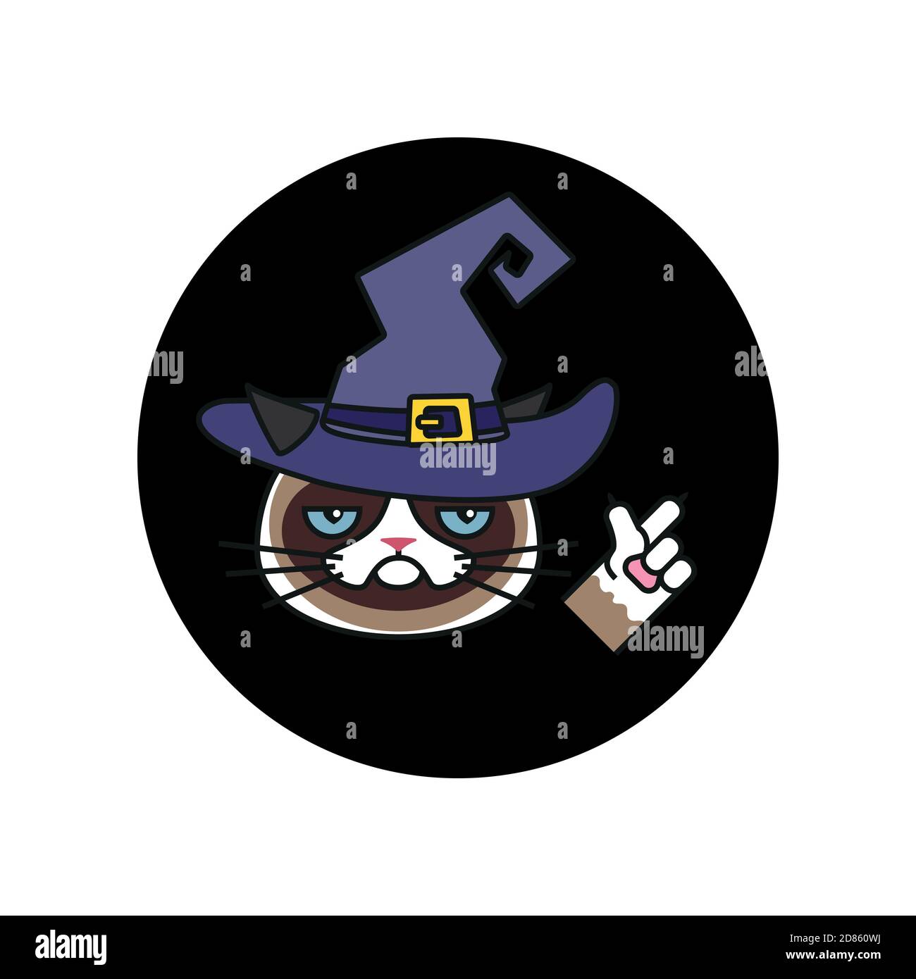 Grumpy cat in witch costume sticker. Halloween Stock Vector