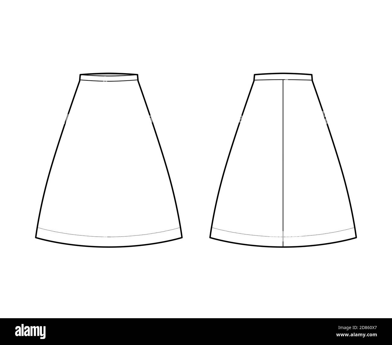 Skirt A-line fullness technical fashion illustration with knee lengths ...